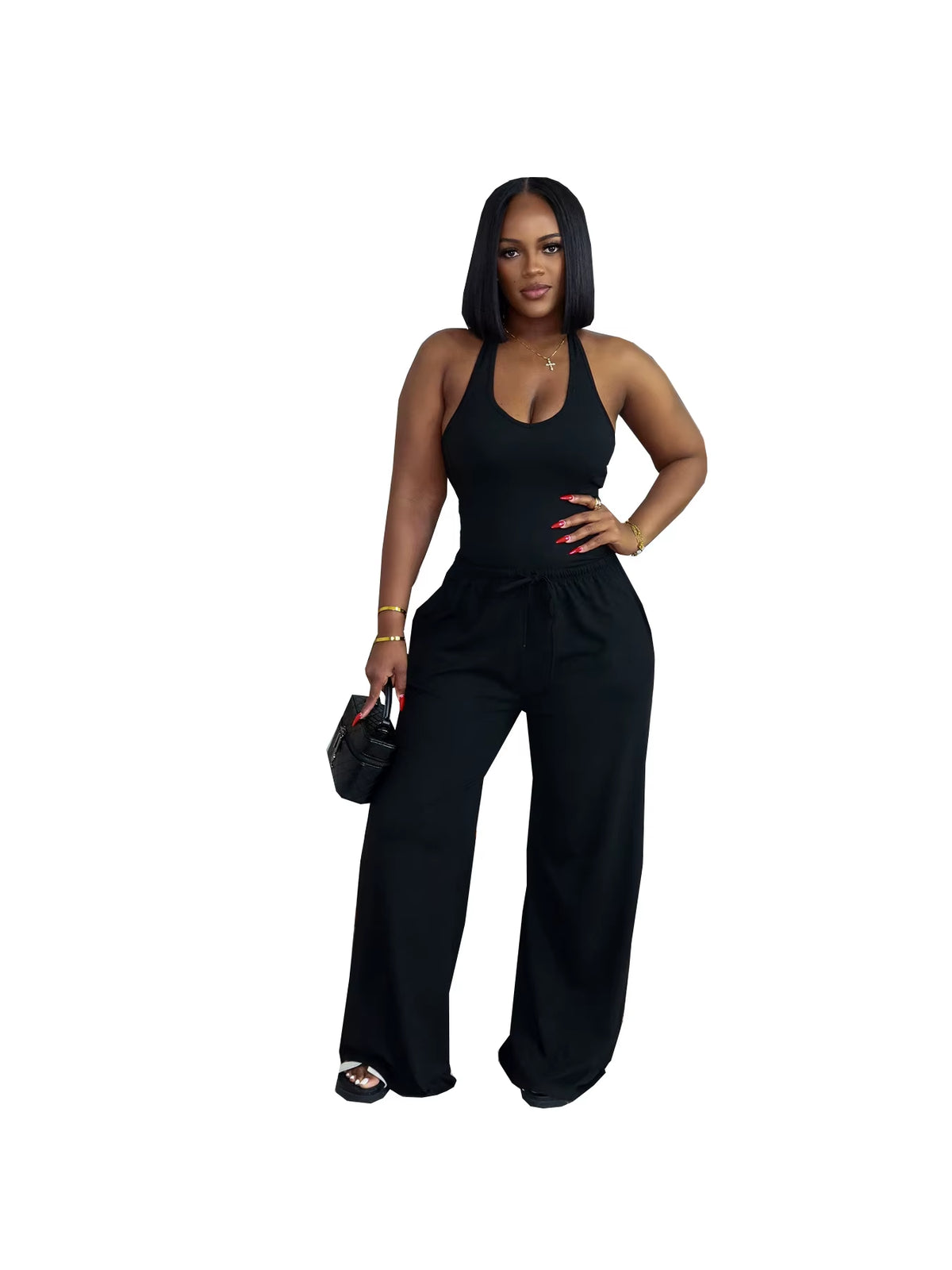Custom Logo Summer Casual Loose Halter Top High-Waist Wide-Leg Pants Long Two-Piece Set Women Pockets plus Size 2XL