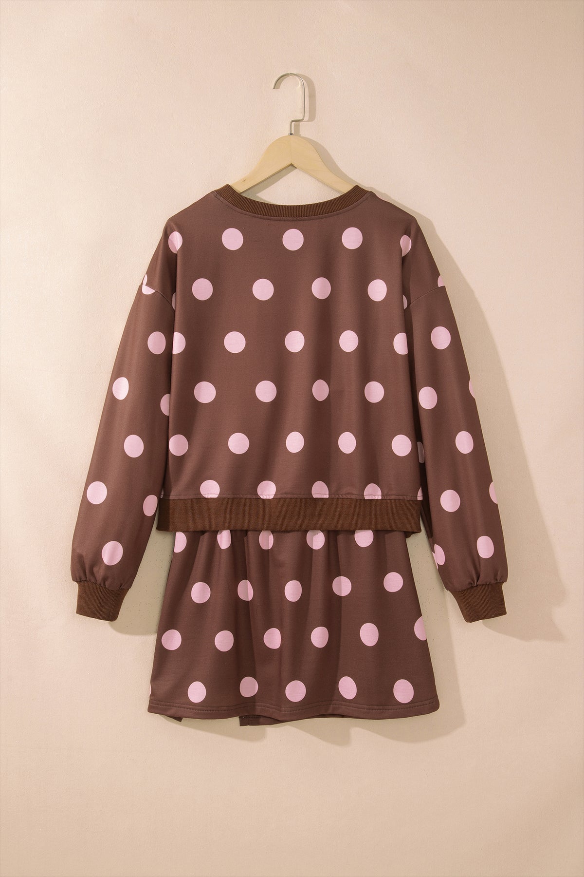 Pink Polka Dot Long Sleeve Top Split Skort Casual 2pcs Set