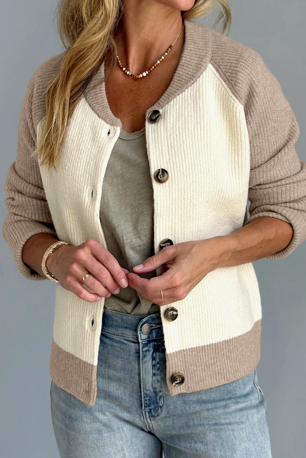 White Color Block Ribbed Knit Button Down Sweater Cardigan
