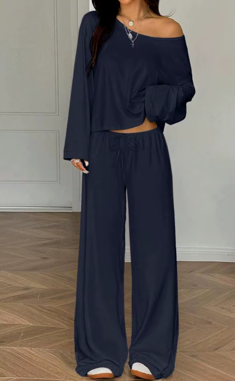 Women One Shoulder Crop Top Drawstring Wide Leg Pants Set Custom OEM Casual Sexy Loungewear Streetwear 2 Piece Outfits
