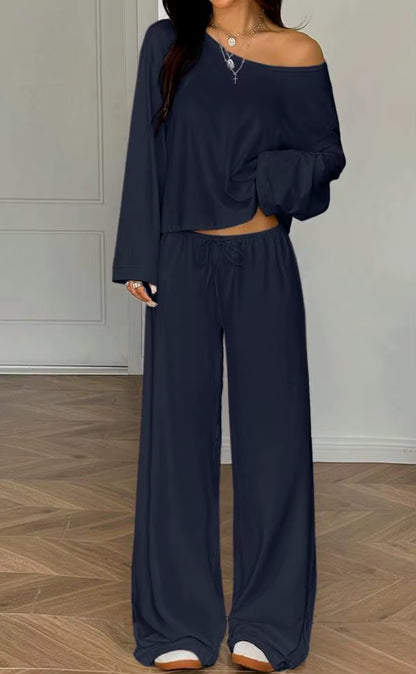 Women One Shoulder Crop Top Drawstring Wide Leg Pants Set Custom OEM Casual Sexy Loungewear Streetwear 2 Piece Outfits