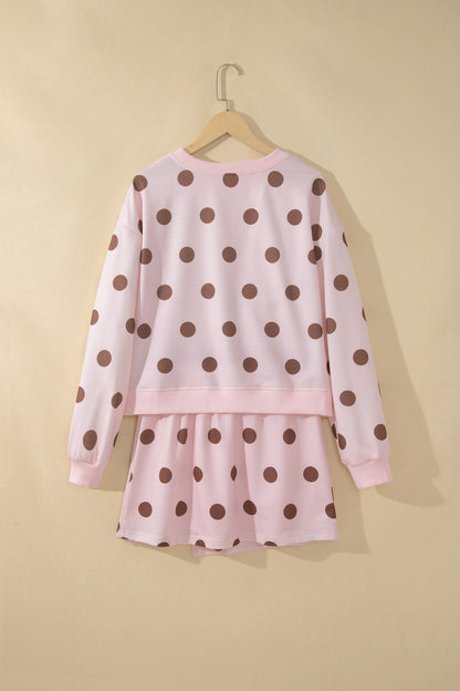 Pink Polka Dot Long Sleeve Top Split Skort Casual 2pcs Set