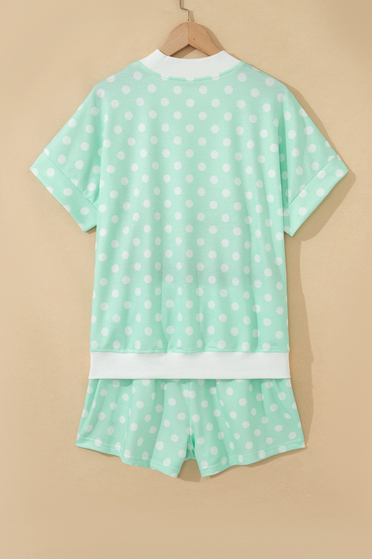 Yellow Polka Dot Print Color Block Trim Mock Neck Short Set