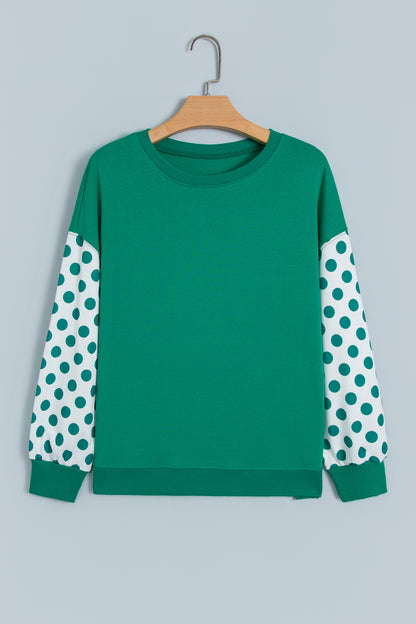 Khaki Polka Dot Patchwork Sleeve Crew Neck Loose Pullover Sweatshirt
