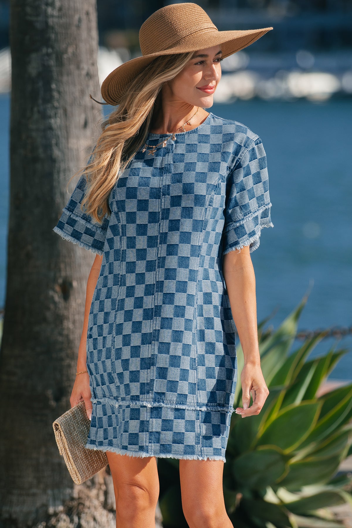 Sky Blue Frayed Hem Checkered Denim Mini Dress
