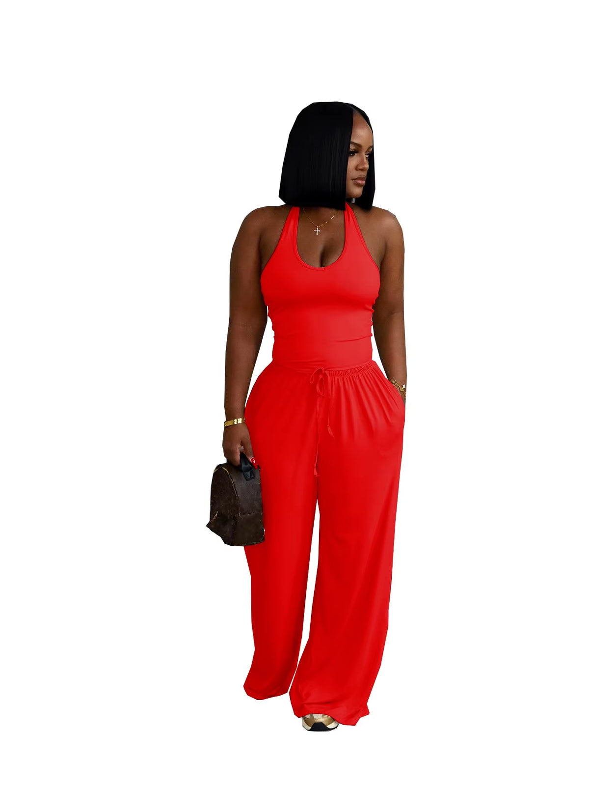Custom Logo Summer Casual Loose Halter Top High-Waist Wide-Leg Pants Long Two-Piece Set Women Pockets plus Size 2XL