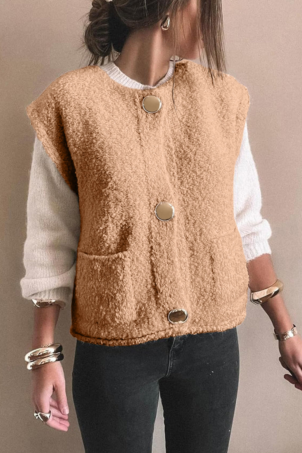Light French Beige Big Button Accent Fuzzy Pocket Vest