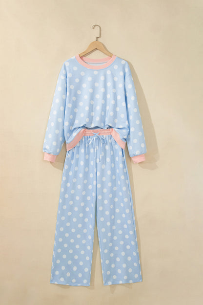 Pink Polka Dot Contrast Trim Long Sleeve Top Drawstring Shift Pants Set