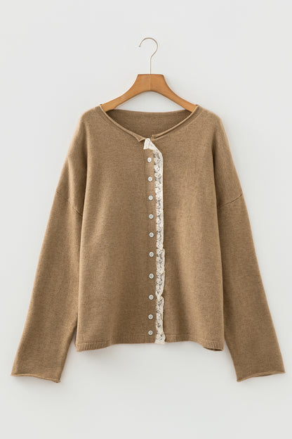 Simply Taupe Contrast Frilled Lace Trim Loose Cardigan Sweater