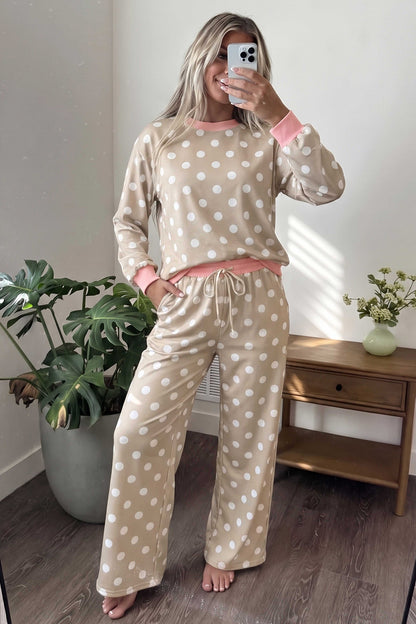 Pink Polka Dot Contrast Trim Long Sleeve Top Drawstring Shift Pants Set