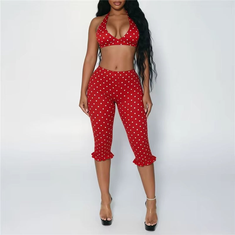 Hottie Polka Dot Print 2 Piece Sets Woman Sexy Halter Bandage Sleeveless Crop Tops and Ruched Capri Pants Trend Suits