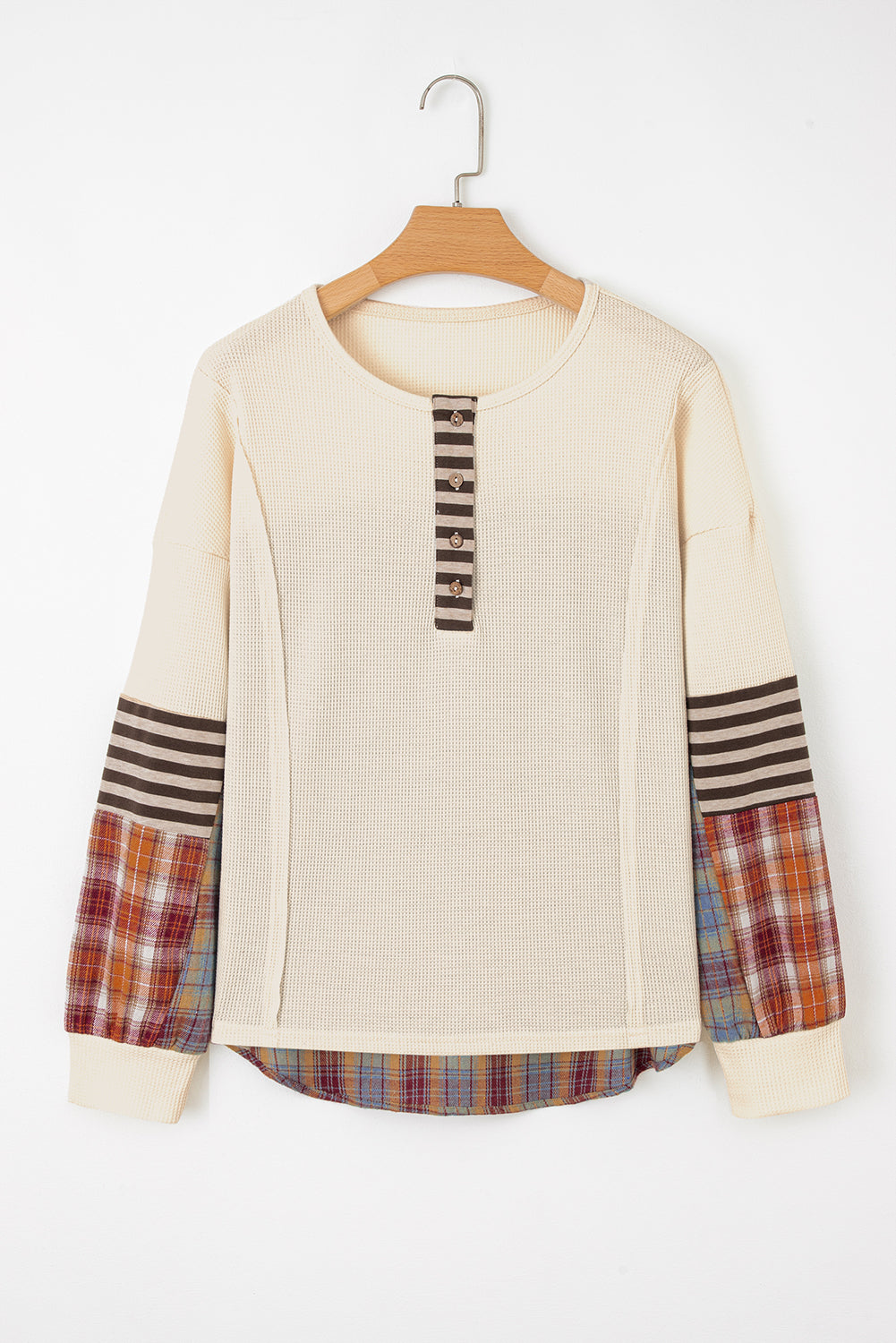 Beige Waffle Stripe Plaid Patchwork Henley Knit Top