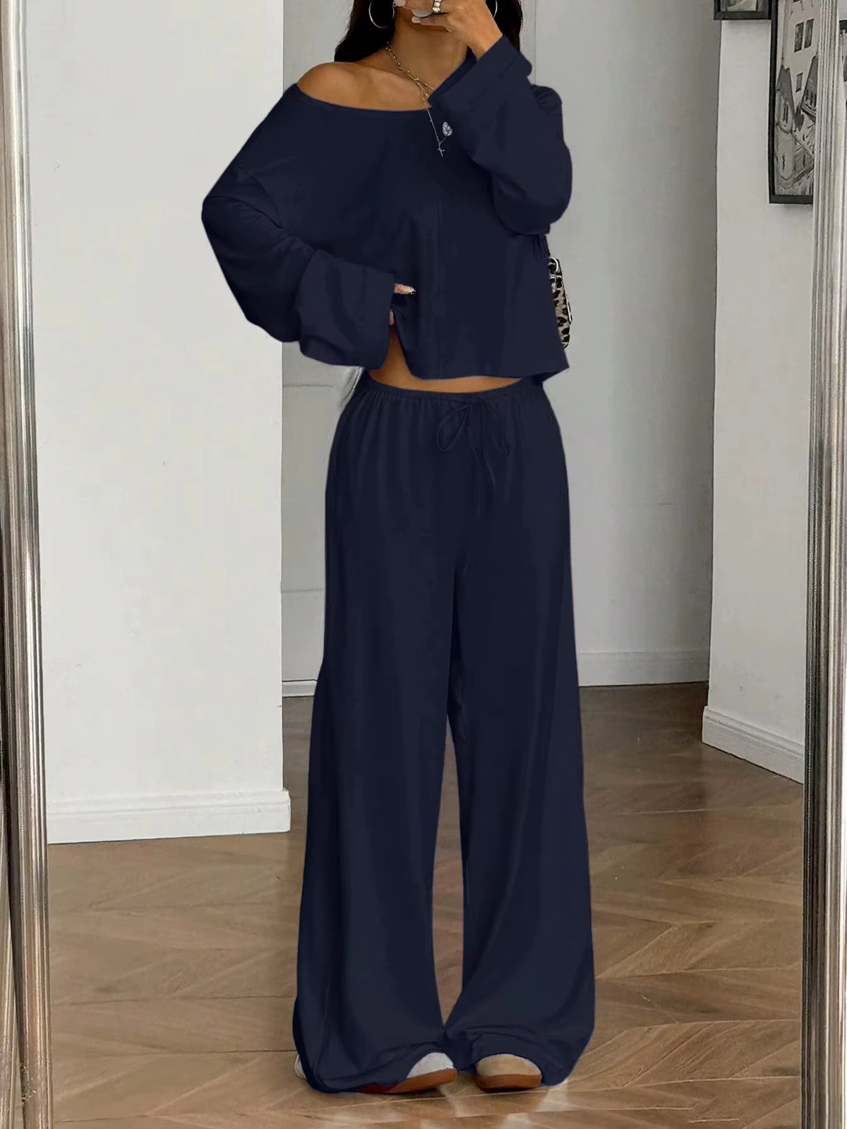 Women One Shoulder Crop Top Drawstring Wide Leg Pants Set Custom OEM Casual Sexy Loungewear Streetwear 2 Piece Outfits
