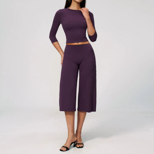 Summer New Fashion Women Workout Outfits Sets Long Sleeve Tops Wide Leg Capris Set Yoga Loungewear