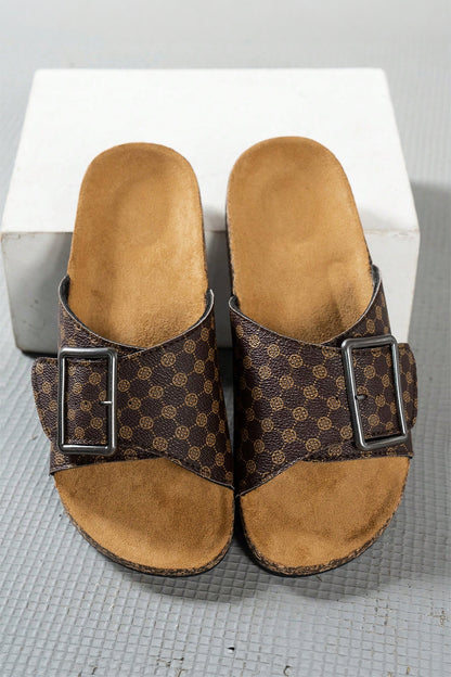 Coffee Retro Geometric Print Buckle Strap Flat Slippers