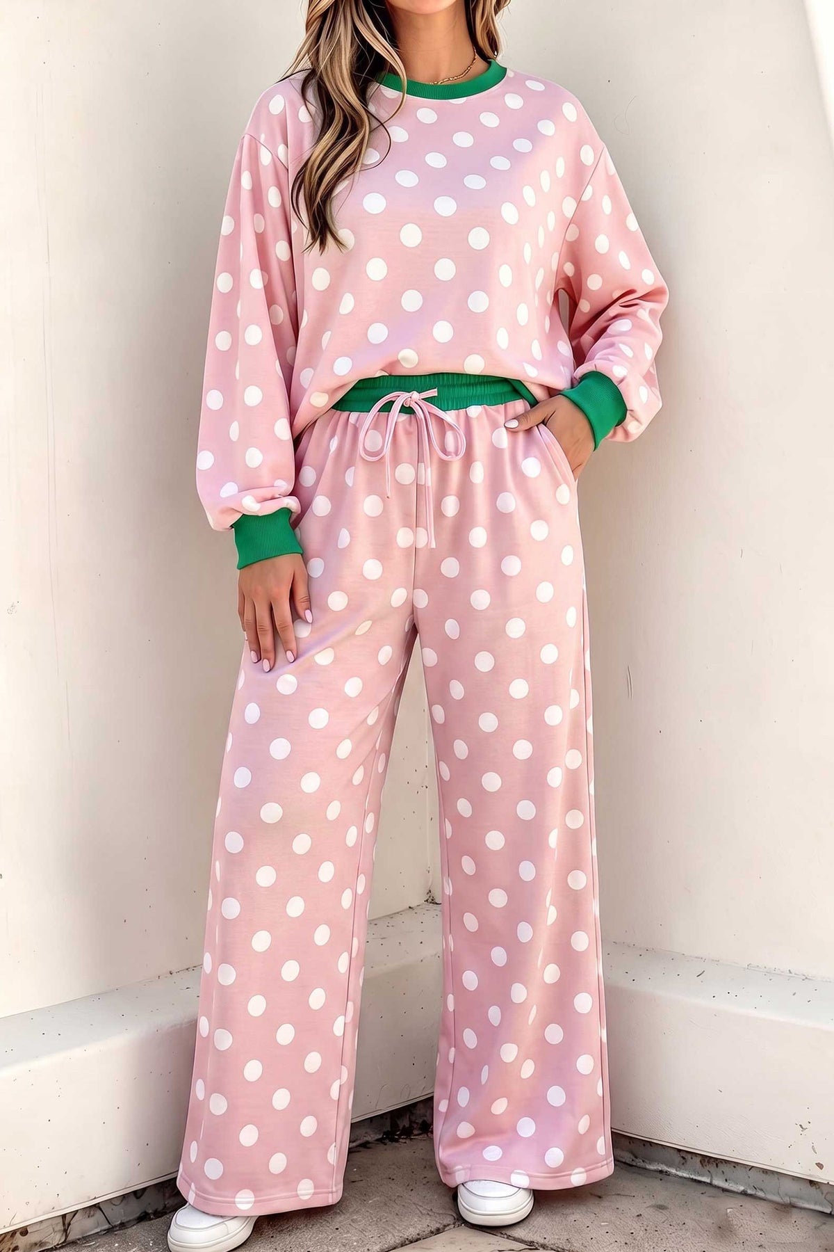 Pink Polka Dot Contrast Trim Long Sleeve Top Drawstring Shift Pants Set