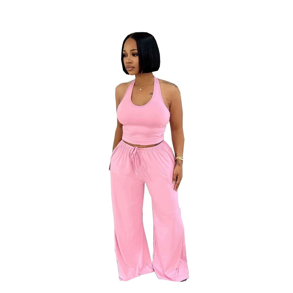 Custom Logo Summer Casual Loose Halter Top High-Waist Wide-Leg Pants Long Two-Piece Set Women Pockets plus Size 2XL
