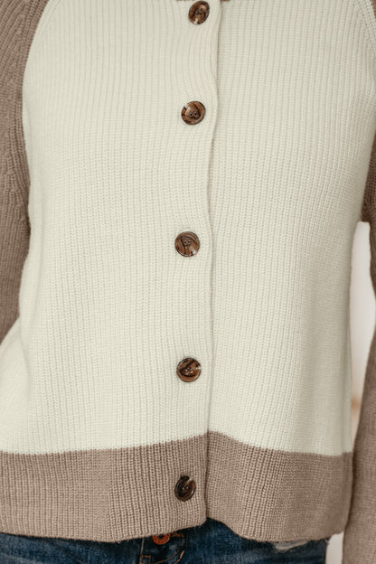 White Color Block Ribbed Knit Button Down Sweater Cardigan