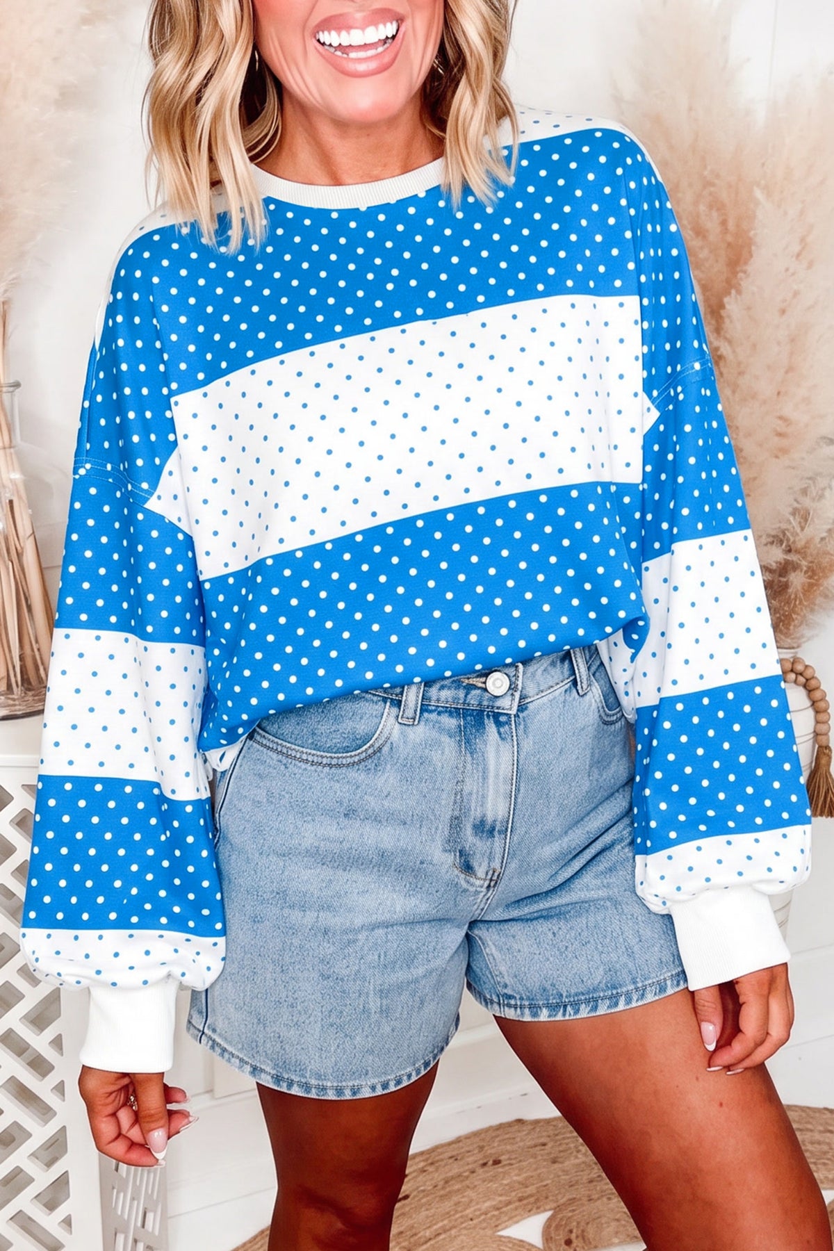Pink Polka Dot Patchwork Colorblock Long Sleeve Top