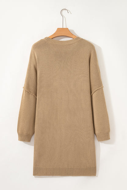 Pale Khaki Exposed Seam Drop Shoulder Oversize Sweater Mini Dress