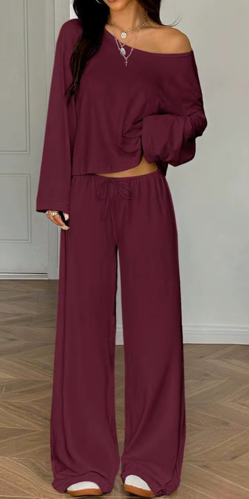 Women One Shoulder Crop Top Drawstring Wide Leg Pants Set Custom OEM Casual Sexy Loungewear Streetwear 2 Piece Outfits