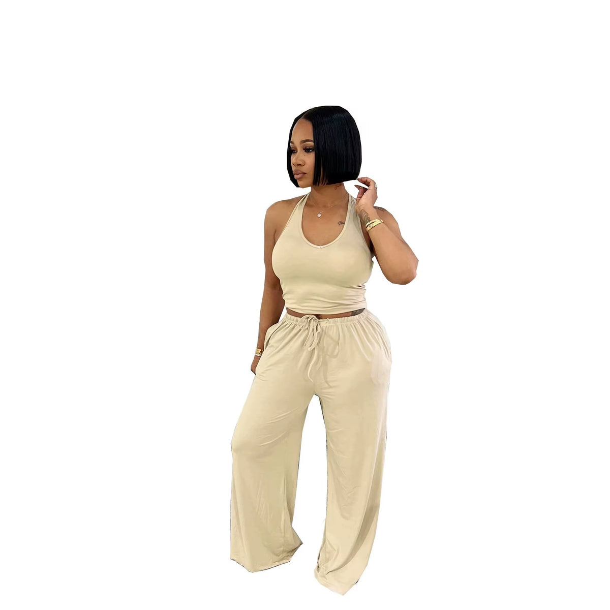 Custom Logo Summer Casual Loose Halter Top High-Waist Wide-Leg Pants Long Two-Piece Set Women Pockets plus Size 2XL