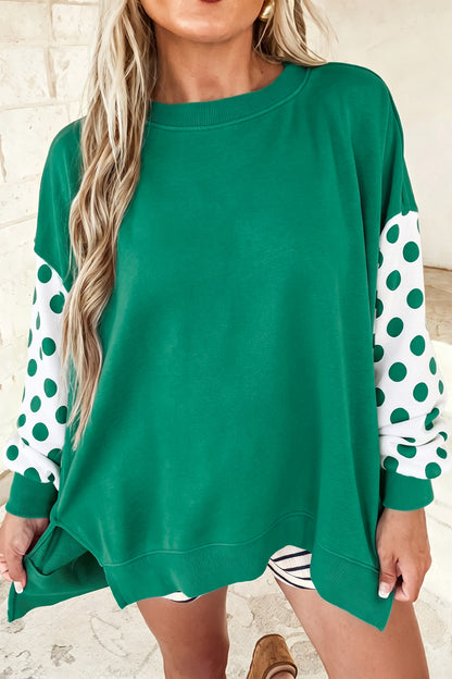 Khaki Polka Dot Patchwork Sleeve Crew Neck Loose Pullover Sweatshirt