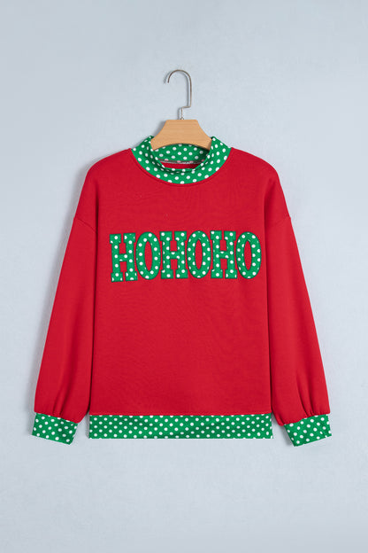 Grapefruit Orange Polka Dot Letter Print Contrast Trim Mock Neck Sweatshirt