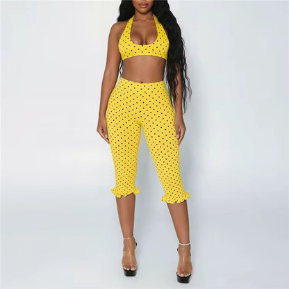 Hottie Polka Dot Print 2 Piece Sets Woman Sexy Halter Bandage Sleeveless Crop Tops and Ruched Capri Pants Trend Suits