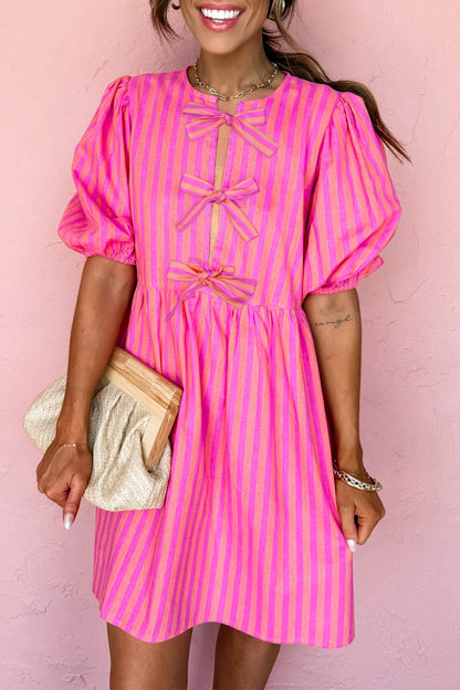 Rose Striped Print Bow Detail Short Puff Sleeve Mini Dress