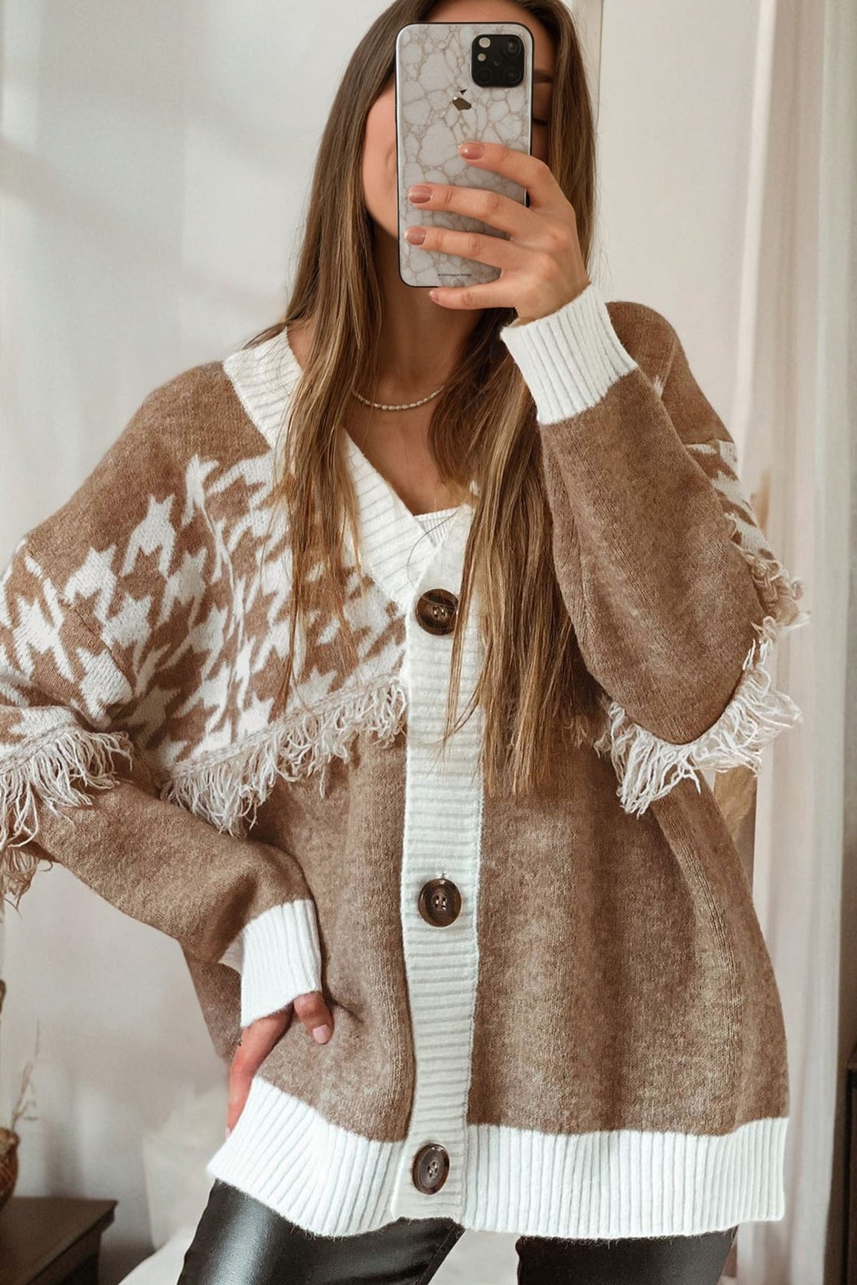 Khaki Houndstooth Color Block V Neck Raw Edge Button Front Cardigan