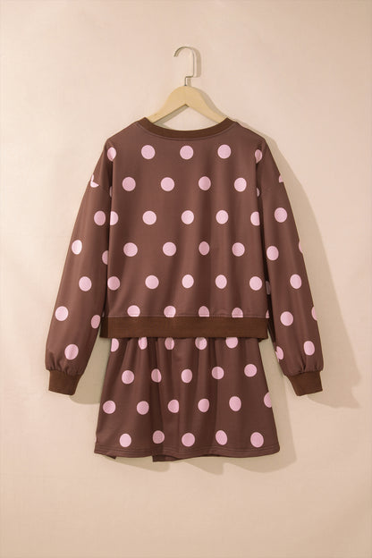 Pink Polka Dot Long Sleeve Top Split Skort Casual 2pcs Set