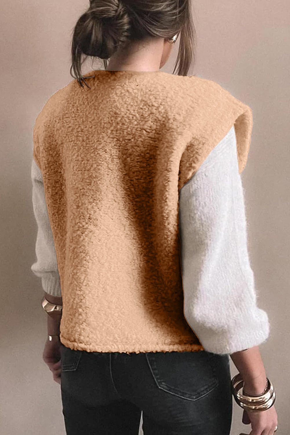 Light French Beige Big Button Accent Fuzzy Pocket Vest