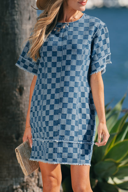 Sky Blue Frayed Hem Checkered Denim Mini Dress