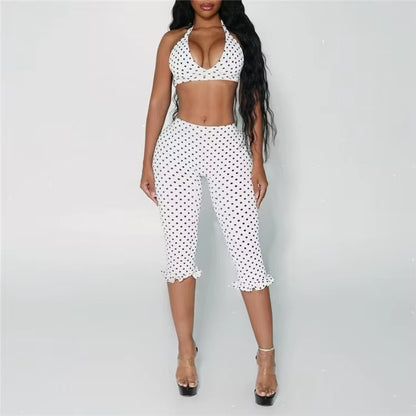 Hottie Polka Dot Print 2 Piece Sets Woman Sexy Halter Bandage Sleeveless Crop Tops and Ruched Capri Pants Trend Suits
