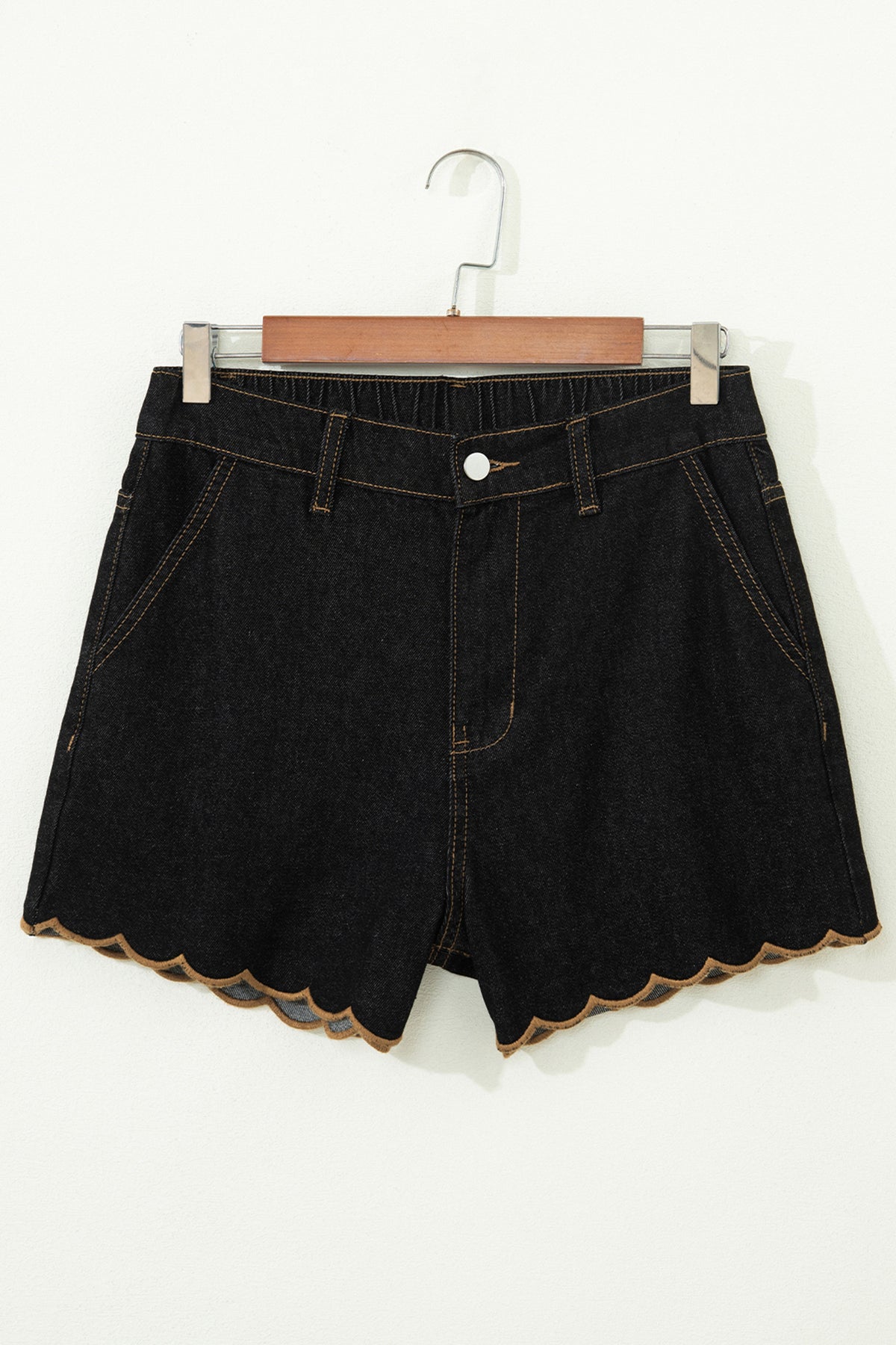 Navy Blue Embroidered Scalloped Trim Relaxed Denim Shorts