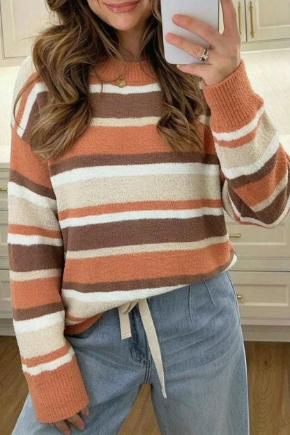 Brown Stripe Dropped Shoulder Loose Pullover Sweater