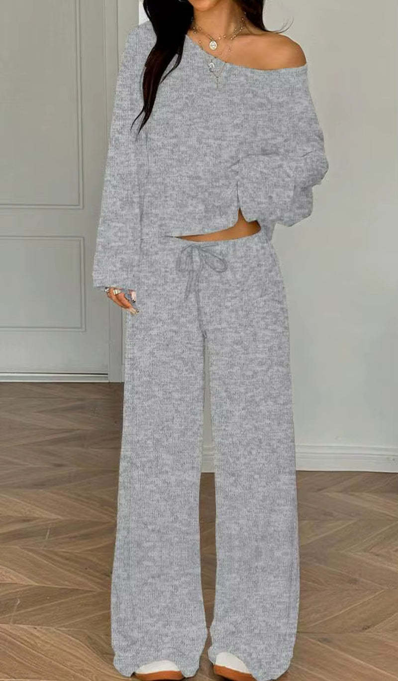 Women One Shoulder Crop Top Drawstring Wide Leg Pants Set Custom OEM Casual Sexy Loungewear Streetwear 2 Piece Outfits