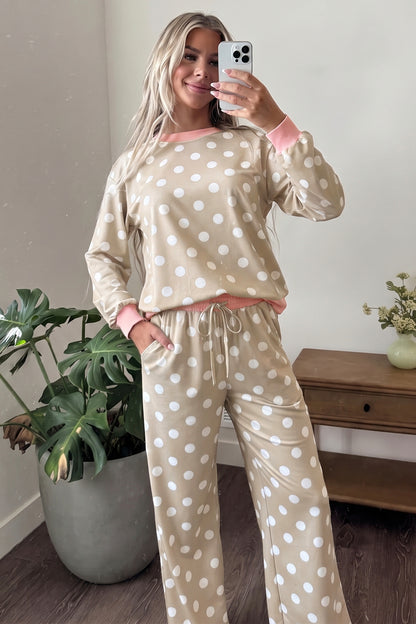 Pink Polka Dot Contrast Trim Long Sleeve Top Drawstring Shift Pants Set