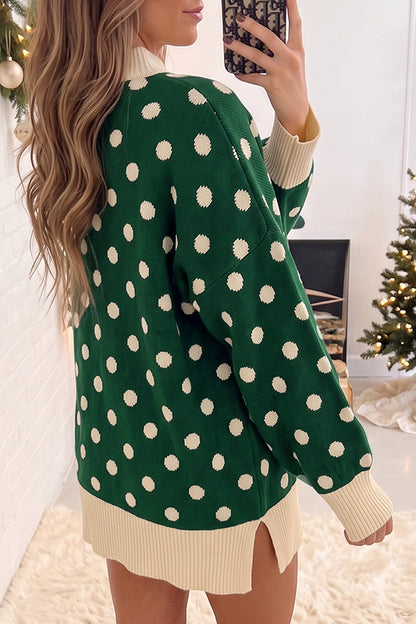 Red Polka Dot Pattern Ribbed Colorblock Trim Split Tunic Sweater