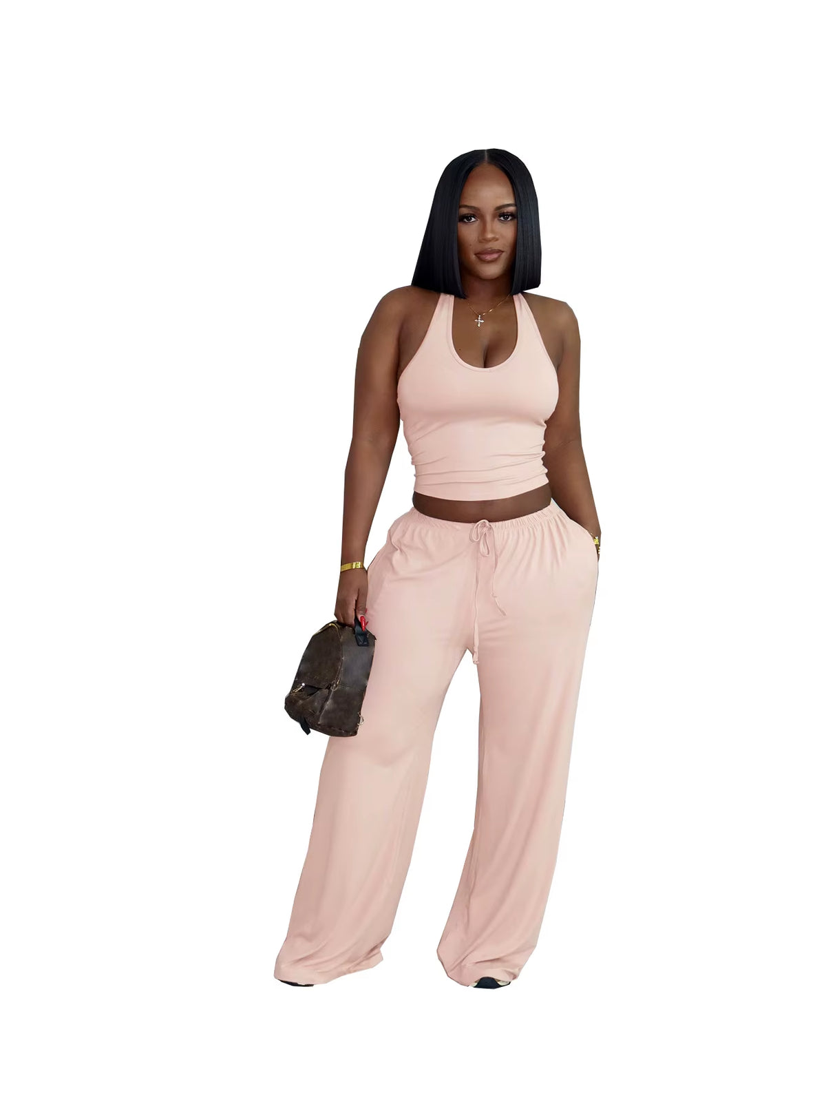 Custom Logo Summer Casual Loose Halter Top High-Waist Wide-Leg Pants Long Two-Piece Set Women Pockets plus Size 2XL