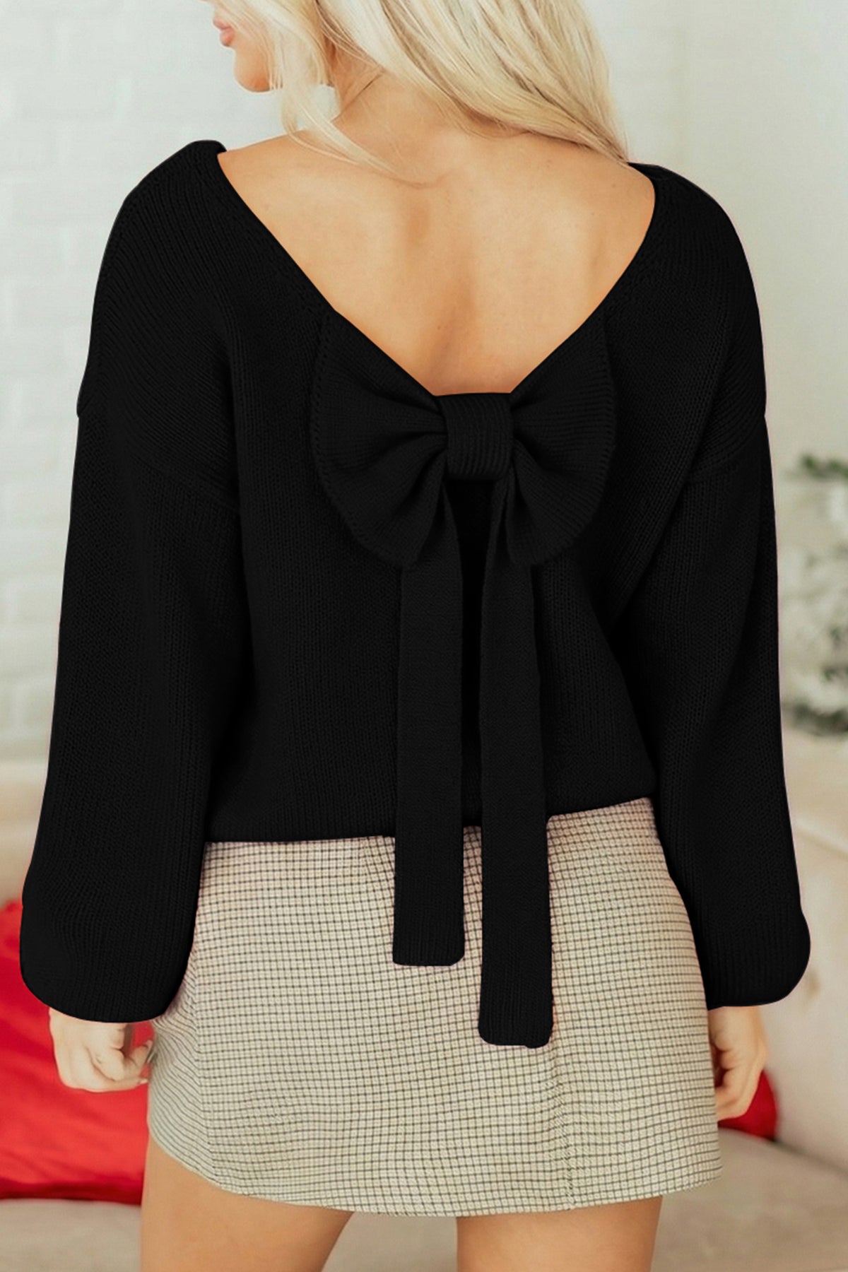 Bonbon Festive Bow Backless Bubble Sleeve Sweater