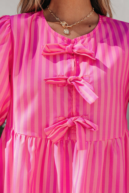 Rose Striped Print Bow Detail Short Puff Sleeve Mini Dress