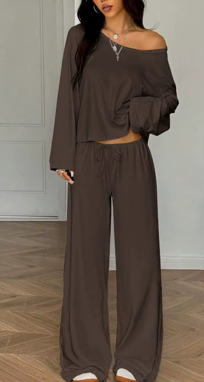 Women One Shoulder Crop Top Drawstring Wide Leg Pants Set Custom OEM Casual Sexy Loungewear Streetwear 2 Piece Outfits