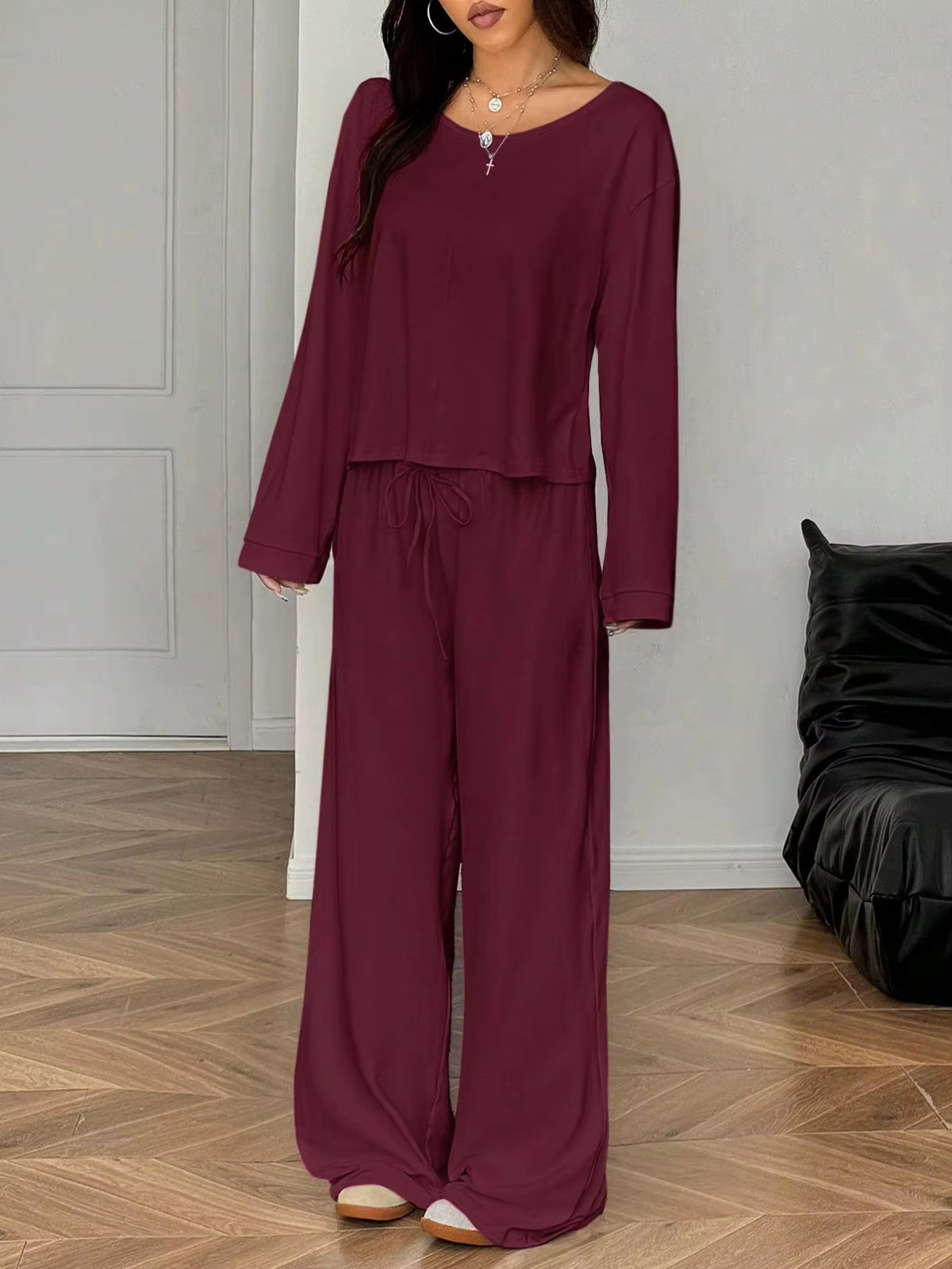 Women One Shoulder Crop Top Drawstring Wide Leg Pants Set Custom OEM Casual Sexy Loungewear Streetwear 2 Piece Outfits