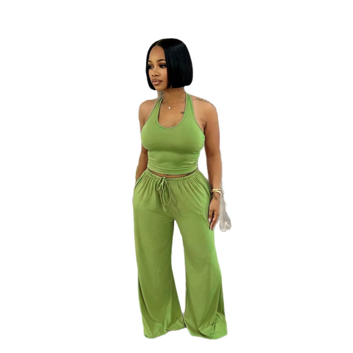 Custom Logo Summer Casual Loose Halter Top High-Waist Wide-Leg Pants Long Two-Piece Set Women Pockets plus Size 2XL