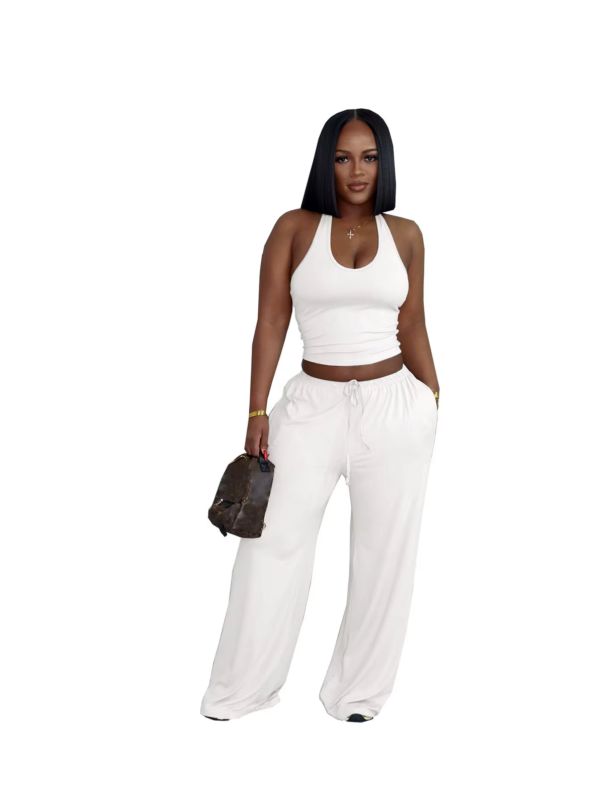 Custom Logo Summer Casual Loose Halter Top High-Waist Wide-Leg Pants Long Two-Piece Set Women Pockets plus Size 2XL