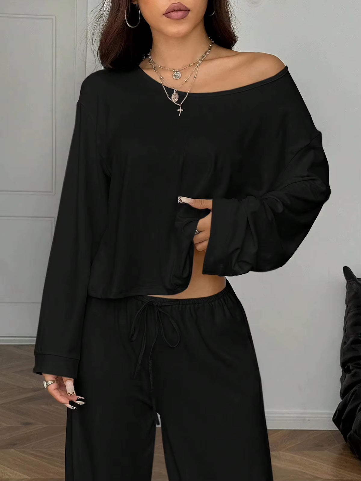Women One Shoulder Crop Top Drawstring Wide Leg Pants Set Custom OEM Casual Sexy Loungewear Streetwear 2 Piece Outfits