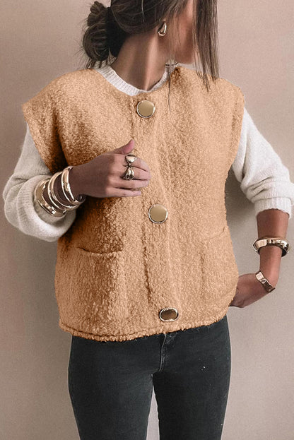 Light French Beige Big Button Accent Fuzzy Pocket Vest