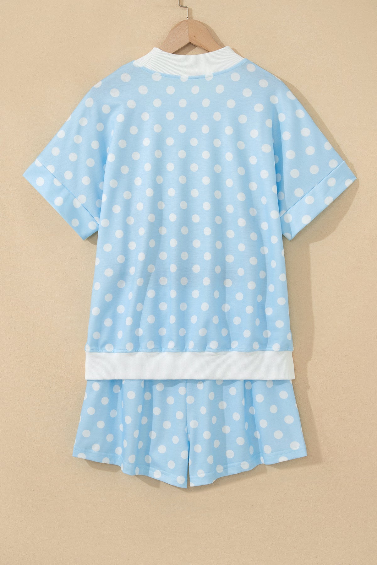 Yellow Polka Dot Print Color Block Trim Mock Neck Short Set